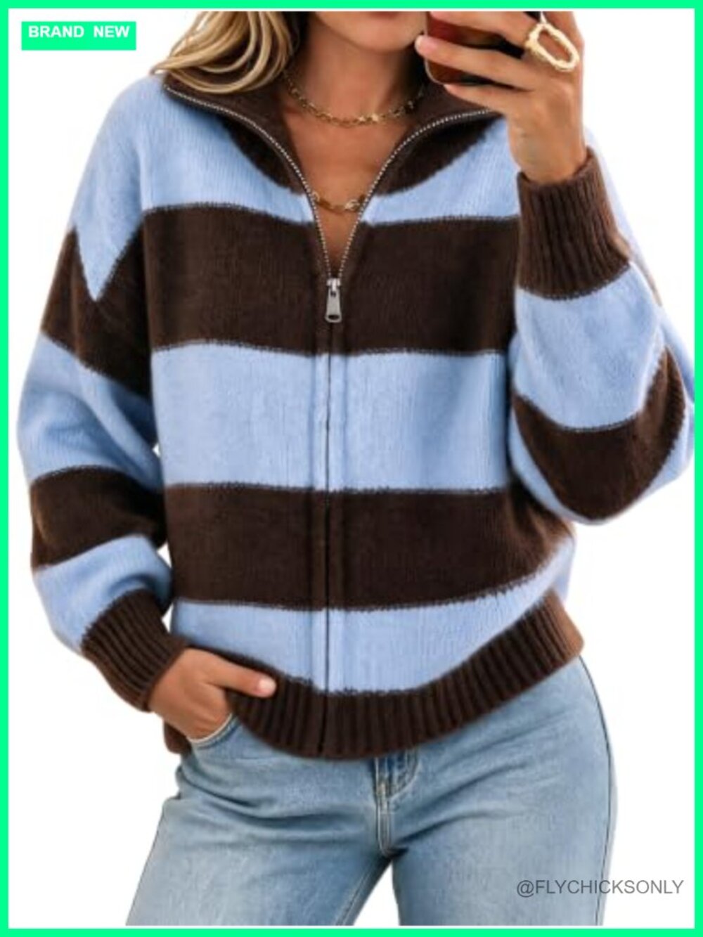 Striped Color Block Zip-Up Knit Cardigan Sweater with High Neck